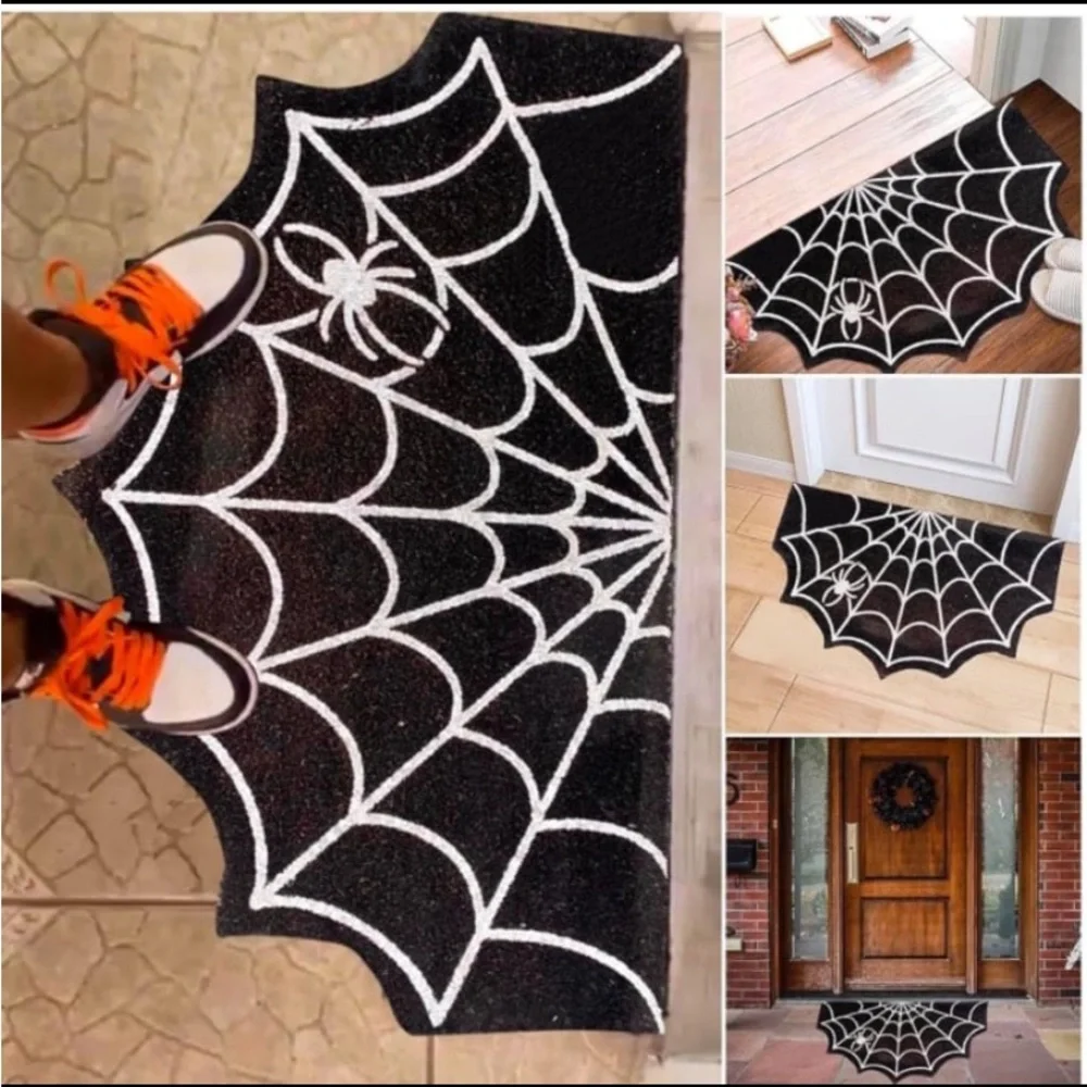 New! Gothic Decor Doormat / Rug Spider Web Design. Size: 20” x 31”. Black/White